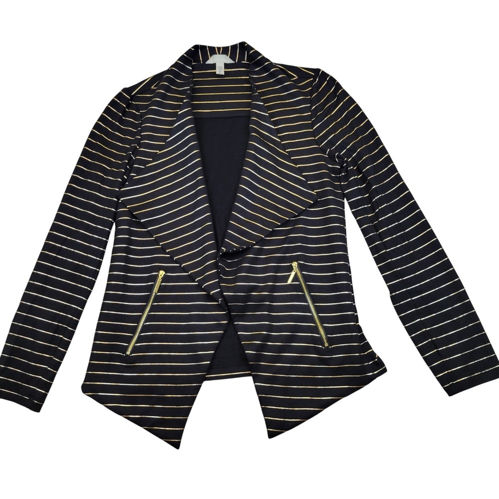Soma Black Gold Stripe Open Waterfall French Terry Cardigan Jacket Womens Small